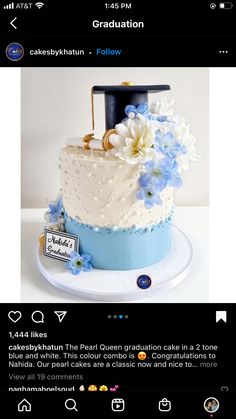 the cake is decorated with blue and white flowers