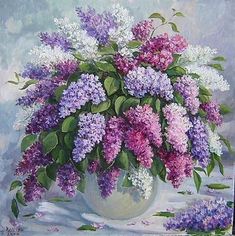 a painting of purple and white flowers in a vase