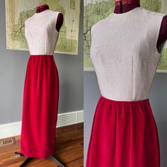 1960s Lux column gown in metallic Lurex silver and rich burgundy velvet. A column skirt fixed to a fitted top, with the back  split open for a bit of a gaping effect. Sleeveless, simple, elegant. Beautifully handmade, the skirt is fully lined. Nylon zipper closes the back seam, with a hook at the waist and back neck. Condition: excellent vintage condition. Labels/tags: none Measurements:  -bust 34"  -waist up to 25"  -overall length 53" *To ensure a great fit, we recommend comparing the measurem 1960s Velvet Dress, Velvet Maxi, Column Skirt, Velvet Maxi Dress, Rich Burgundy, Burgundy Velvet, Column Gown, Fitted Top, Simple Elegant