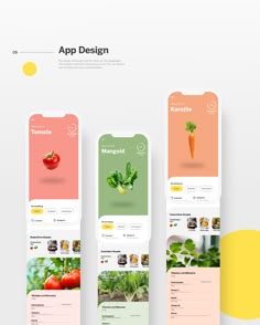 the app design is designed to look like it has three different sections, one with vegetables and