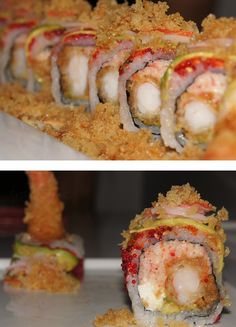 two pictures of sushi with different toppings on them, one is cut in half and the other has been eaten