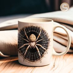 a coffee mug with a spider on it