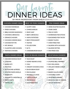 a printable dinner menu with the words, our favorite dinner ideas