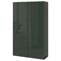 a green cabinet with two doors and some plants