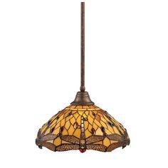 a light fixture with a dragonfly design on the bottom and yellow glass shades above it