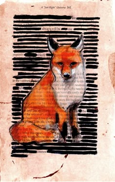 a drawing of a red fox sitting on top of a piece of paper with words written in it