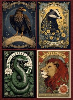 four different types of posters with animals and flowers on the sides, including an eagle, badger