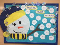 a bulletin board decorated with snowmen and bubbles on it's side, says have a ball on your birthday