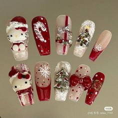 Winter Nails Dark Colors, Hello Kitty Nails Tutorial, Cutesy Christmas Nails, Kuromi Christmas Nails, Sanrio Winter Nails, Christmas Charm Nails, Christmas Sanrio Nails, Christmas Nail Inspo 2024, Asian Christmas Nails