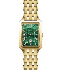 From Fossil&#x2C; this women's watch features:Gold stainless steel bandGreen dial 2 pusher foldover clasp closureQuartz three-hand movementBand width approx. 14mmCase size approx. 26mmCase thickness approx. 6.5mmInner Circumference: 175 /- 5mmWater Resistance: 5 ATM2-year limited warrantyImported. Fossil Women Watches, Accessories Watches Women, Jewelry Hacks, Fossil Watches Women, Green Watch, Gold Watches Women, Watches Women, Hand Watch, Fossil Watches