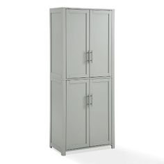 a tall gray cabinet with two doors