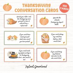 thanksgiving conversation cards with pumpkins and turkey