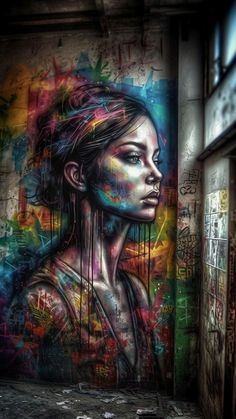 a woman's face painted on the side of a building with graffiti all over it