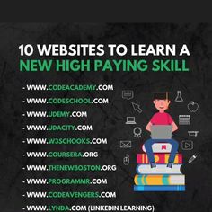 a person sitting on top of books with the words 10 website to learn a new high paying