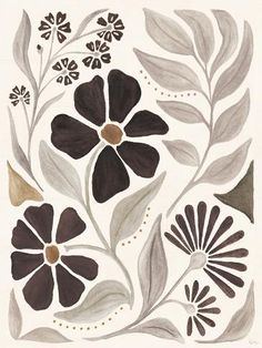 a drawing of flowers and leaves on a white background with brown dots in the center