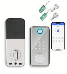 an electronic door lock and keypad next to two cell phones with keys on them