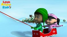 two children riding on a sleigh in the snow, one is pulling another