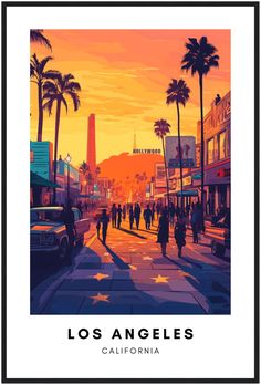 the poster shows people walking down the street at sunset