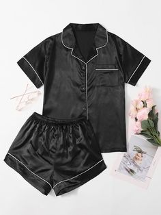 Contrast Binding Tie Front Satin PJ Set | EMERY ROSE Plus Size Pyjamas, Satin Pj Set, Pyjama Satin, Cute Sleepwear, Satin Set, Satin Short, Cute Pajamas, Satin Pyjama Set, Satin Pajamas