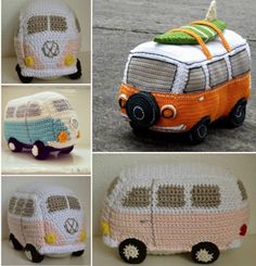 crocheted vw bus and camper pillow set in four different colors, including orange, white, blue, green