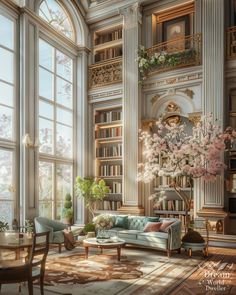 a living room filled with lots of furniture next to large windows covered in bookshelves