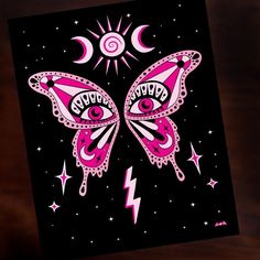 a pink butterfly with eyes and stars on it's wings in the night sky