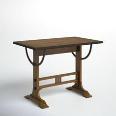 a wooden table with metal legs and a square top on an isolated white background,