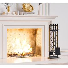 a fireplace with a fire burning in it