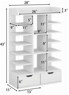 a white shelf with drawers and measurements for the shelves on each side, along with an additional