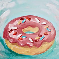 a painting of a donut with pink icing and sprinkles on it