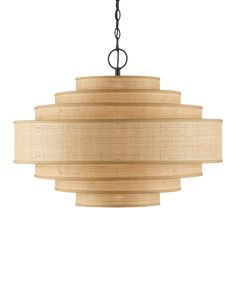 a chandelier hanging from the ceiling with wood strips and metal chain around it