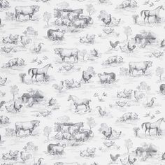 a wallpaper with farm animals and birds in black and white on a light grey background