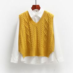 Khaki Vest, Cable Knit Vest, Yellow Vest, Outwear Fashion, Sleeveless Jumper, Stylish Coat, Sweater Vest Women, Loose Sweater, Women Shirts Blouse