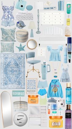 a collage of blue and white items