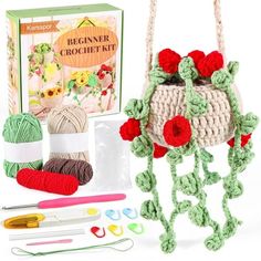 a crochet kit with flowers and yarn