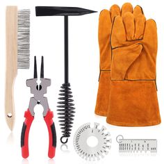 a pair of gloves, wrench, pliers and other tools are arranged on a white background