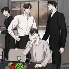 three people standing in front of a table with fruit on it and one person holding his hand to his face