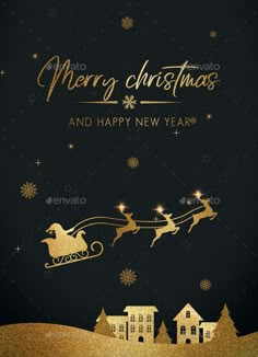 merry christmas and happy new year card with santa flying in his sleigh through the night sky