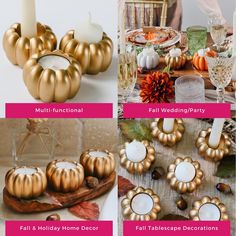 gold pumpkins and candles are on display for thanksgiving dinner guests to sit down at