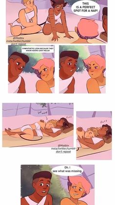 an animated comic strip shows two people laying on the ground and one is holding a baby