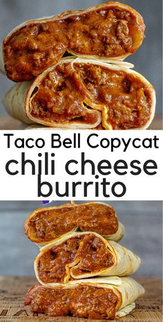 three different types of chili cheese burritos stacked on top of each other