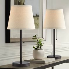 two lamps sitting on top of a table next to a pot with a plant in it