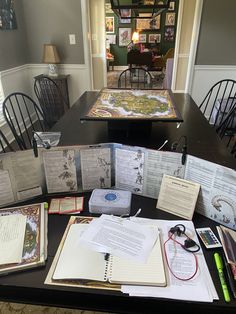 a table with many books and papers on it