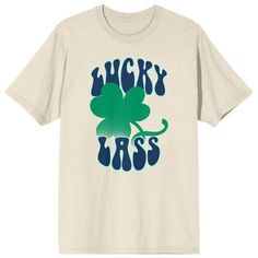 Celebrate the luck of the Irish with this St. Patrick’s Day tee. The shirt features an image of a shamrock while blue letters above and below the clover spell out, “Lucky Lass.” The tee comes in a natural color with short sleeves and a crew neck collar. Spend the holiday in style with this comfy cotton tee. Blue Letters, Dapper Dan, Natural Women, Luck Of The Irish, How To Show Love, Sleeves (women), Neck Collar, Soft Knits, St Patrick