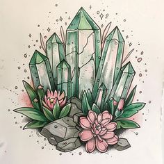 a drawing of crystals and flowers on paper