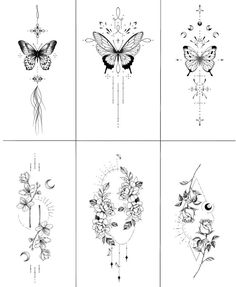 six different designs with butterflies and flowers on them, all in black and white colors