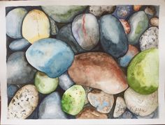 a watercolor painting of rocks and pebbles