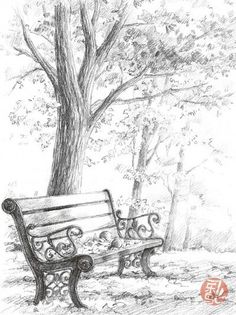 a pencil drawing of a park bench under a tree