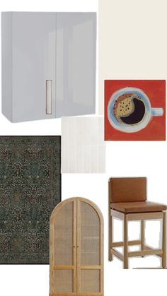 a collage of various items including a cabinet, chair and table with placemats