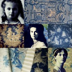 four different pictures of young women in old fashioned fashions and wallpaper with an ornate background